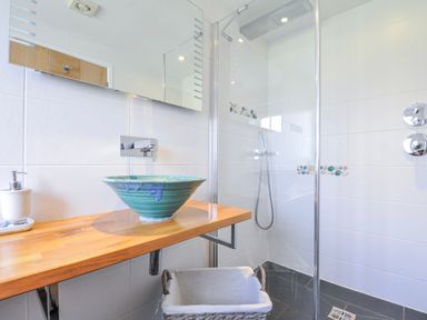 A bathroom with a shower and sink at The Cowshed in Portscatho