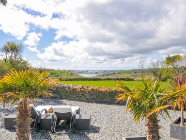 A garden area with chairs and palm trees overlooking a view at The Cowshed in Portscatho