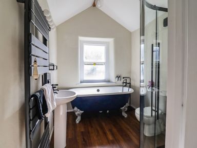 A bathroom with a bathtub and sink at Plas Dolguog in Machynlleth