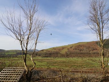 A landscape with trees and a plane flying over hills at Plas Dolguog in Machynlleth