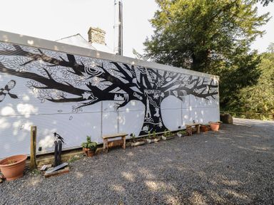 A mural of a tree on a wall with plants and gravel at Plas Dolguog Machynlleth