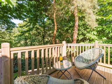 A deck with chairs and a table at Fern View -Kelling Heath Holiday Park, Weybourne near Sheringham