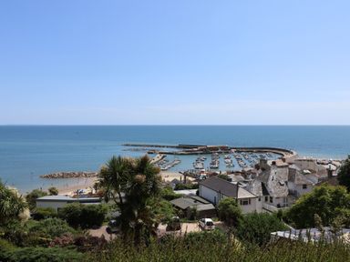 A view of a beach and harbor at Salt & Stone Lyme Regis