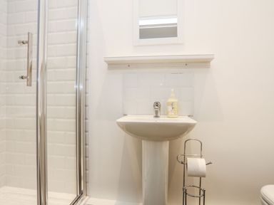 A bathroom with a shower and sink at Rhiwlas in Rhosneigr