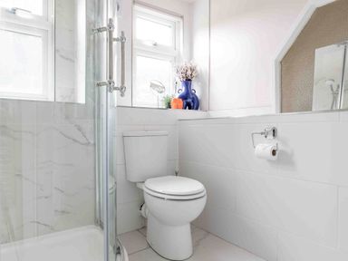 A bathroom with a shower and toilet at Cotswolds Cozy Cottage Retreat - pet friendly in Finstock