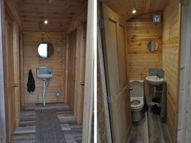 A bathroom with a sink and toilet at Restored circus wagon Saltburn-By-The-Sea