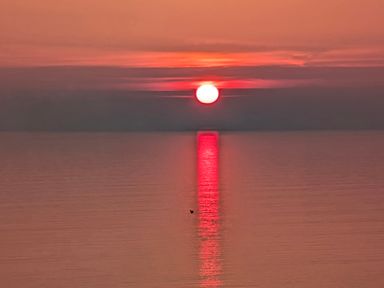 A sunset over the water with a reflection and a bird in the distance