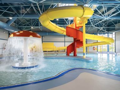 An indoor pool area with a water slide and mushroom fountain at Static Caravan Hoburne Devon Bay, Paignton