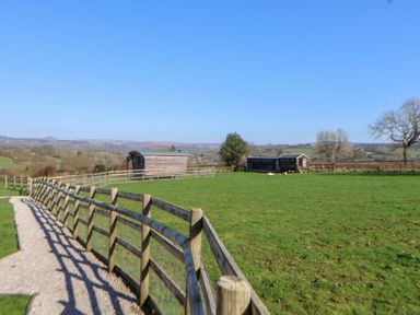 An outdoor field with a wooden fence and sheds at Golden Fleece in Biddulph Moor