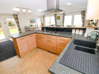 A kitchen with cabinets and appliances at Wernlas Lodge in Oxwich