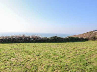 An outdoor view of grass and a stone wall overlooking the ocean at The Cabin 