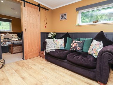 A living room with a sofa and a sliding door at Owls Nest Lodge South Molton