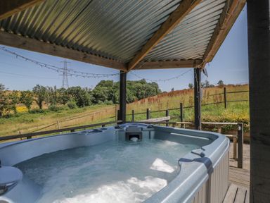 A hot tub under a canopy with a view of fields at Hedgehogs Lodge South Molton