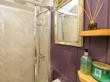A shower with a mirror and shelves at Valley View Shepherd's Hut in South Molton
