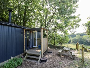 An outdoor area with a picnic table and steps at Valley View Shepherd's Hut in South Molton