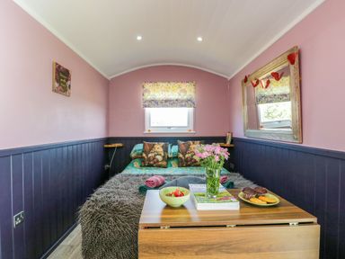 A bedroom with a bed and small table at Hares Hideaway Shepherd's Hut South Molton