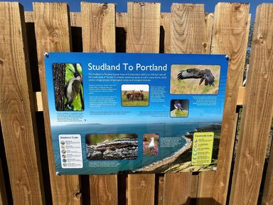 An information board about Studland to Portland at The Orchard in Ringstead