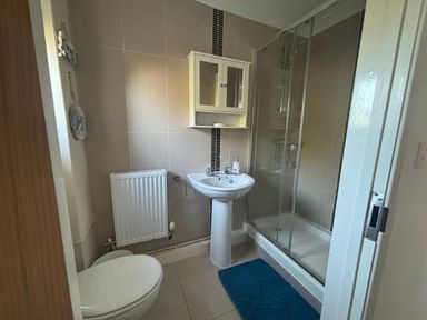 A bathroom with a toilet, sink, shower and radiator at Seaview in Pakefield