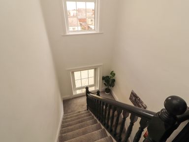 A staircase with windows and a plant at Sugar Loft in Silloth