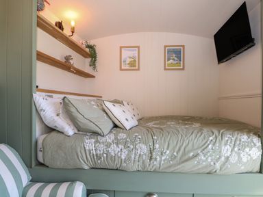 A sleeping area with a bed and shelves at Salt Haven Shepards Hut in Pevensey