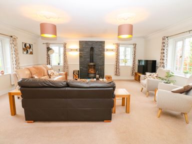 A living room with a sofa and fireplace at Stone Lodge near Haltwhistle