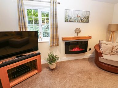 A living room with a television and fireplace at Stone Lodge near Haltwhistle