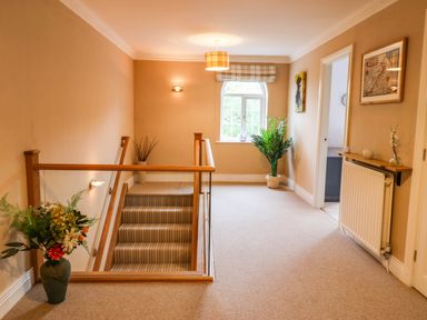 A hallway with stairs and a plant at Stone Lodge near Haltwhistle