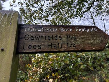 A wooden signpost indicating directions to Cawfields and Lees Hall near Haltwhistle
