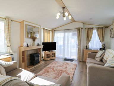 A living room with a television and fireplace at 2 bed Caravan in Stowmarket