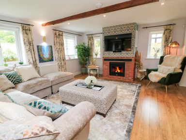 A living room with a fireplace and television at The Coach House near Charminster