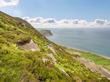 A view of the coast with rocks and greenery at Ty Pen in Nefyn