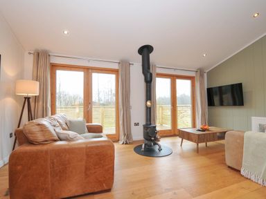 A living room with a wood stove and double doors at 4 Southern Place in Dobwalls