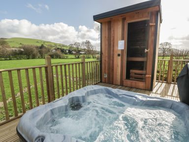 A hot tub and sauna with outdoor view at Dawn's Rest in Nantmel near Rhayader