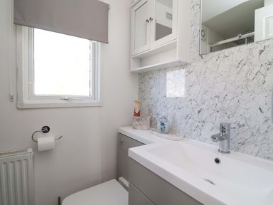 A bathroom with a toilet and sink at Grosvenor 10 in Llanarmon-Yn-Ial