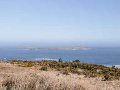 A landscape view of ocean and an island with grass in foreground at Cabin 9 Inish Beag Gortahawk