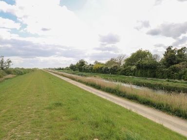 A grassy path along water with trees and a cloudy sky at Hazel
