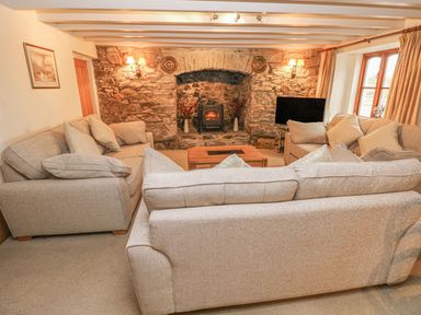 A living room with sofa and fireplace at Maerdy Lodge