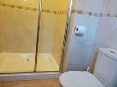 A bathroom with a shower and a toilet at Bracken Lodge Finlakes Holiday Park near Chudleigh