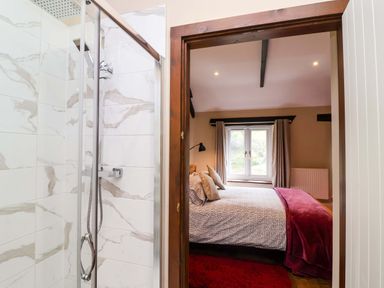 A bathroom with a shower and a view of a bedroom at Cider Press Cottage in Torpoint