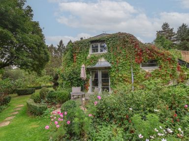 A house surrounded by flowers and greenery at The Bothy at Lewis Cottage in Spreyton