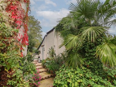 A garden path leading to a door at The Bothy at Lewis Cottage Spreyton