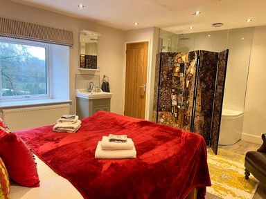 A bedroom with a bed, sink, and shower at Cottage - Sleeps 2 - Garden in Coleford