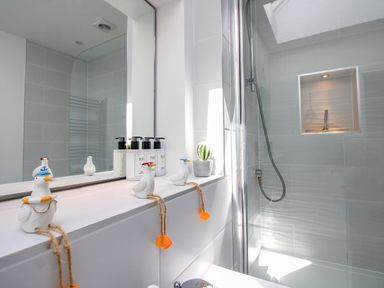 A bathroom with a shower and decorative items at Lorrell in Salcombe