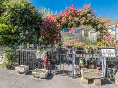 An outdoor entrance with plants and a small dog at 7 The Cedars in Wotton-Under-Edge