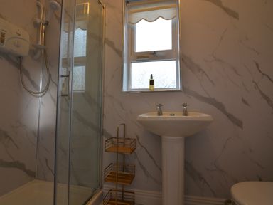 A bathroom with a shower, sink, and toilet at An Grianan Getaway in Burt