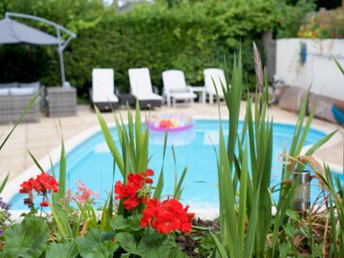 A garden with a swimming pool and loungers at Apartment 5 in Torquay
