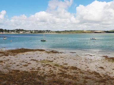 A view of the sea with boats and seaweed at Stowaway Cottage in Padstow