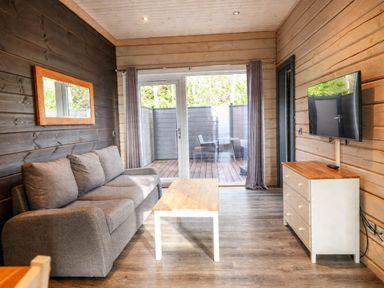 A living room with a sofa, coffee table, and television at Pine Lodge Spa Carlton Miniott near Thirsk