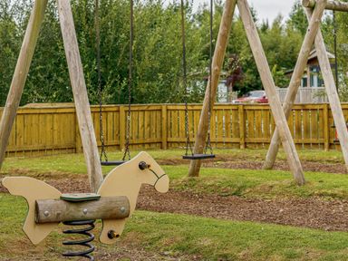 A playground with swings and a spring rider at Laurel Waterside Spa in Thirsk