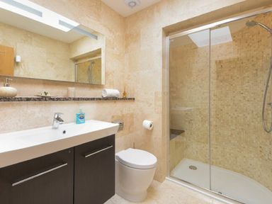 A bathroom with a shower, sink, and toilet at The Chimney in Bamburgh